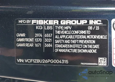 2023 Fisker Ocean One z USA, uszkodzony, nr VIN VCF1ZBU26PG004315